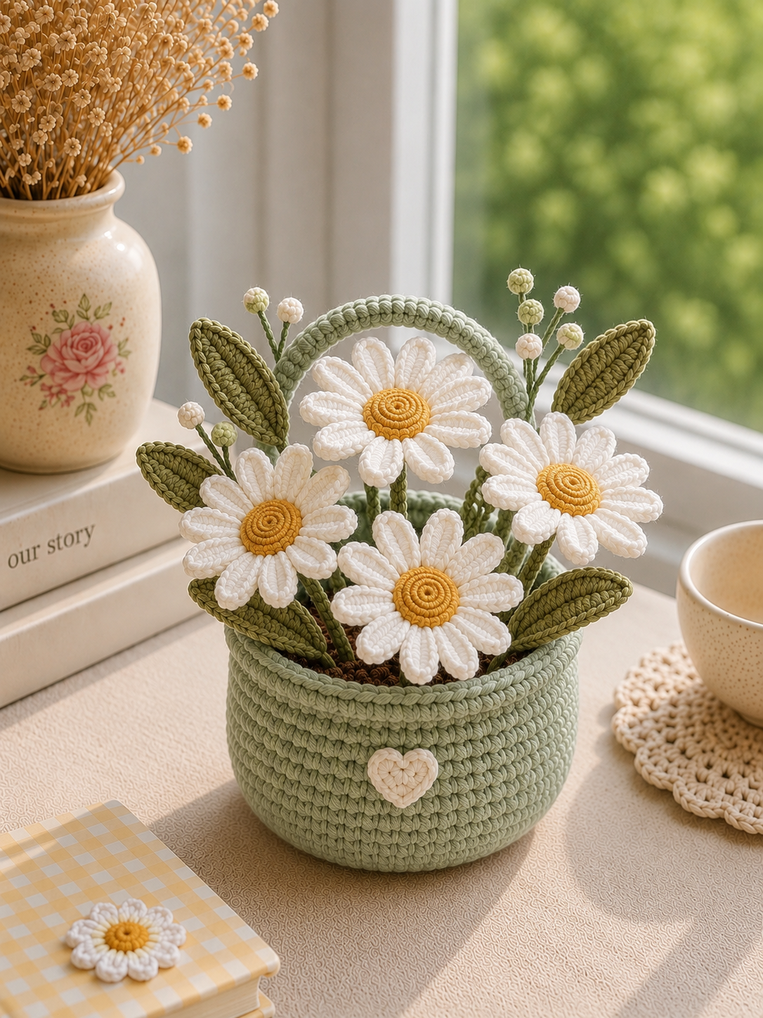 Handmade Crochet Daisy Flower Basket – Amigurumi Floral Basket Decor & Gift