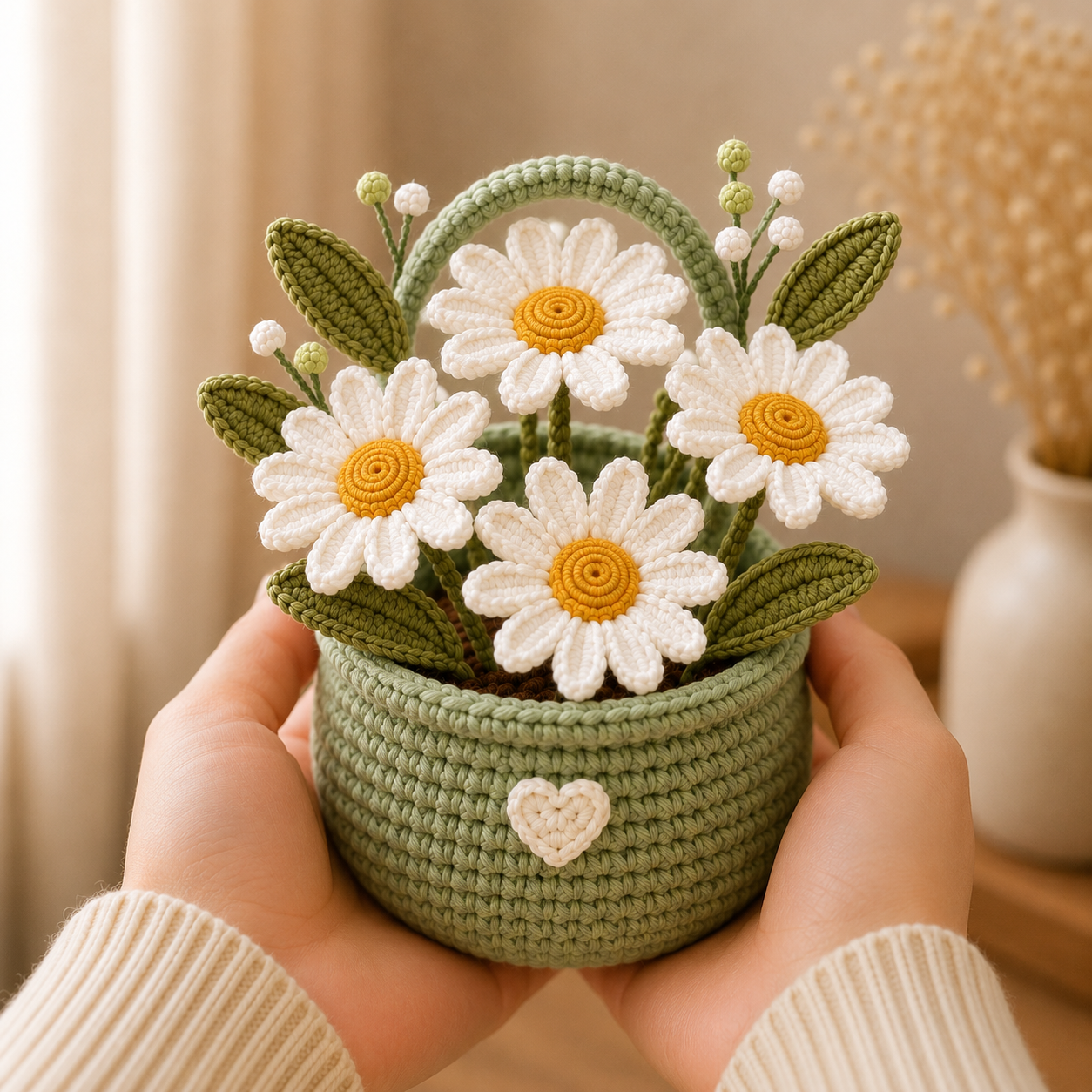 Handmade Crochet Daisy Flower Basket – Amigurumi Floral Basket Decor & Gift