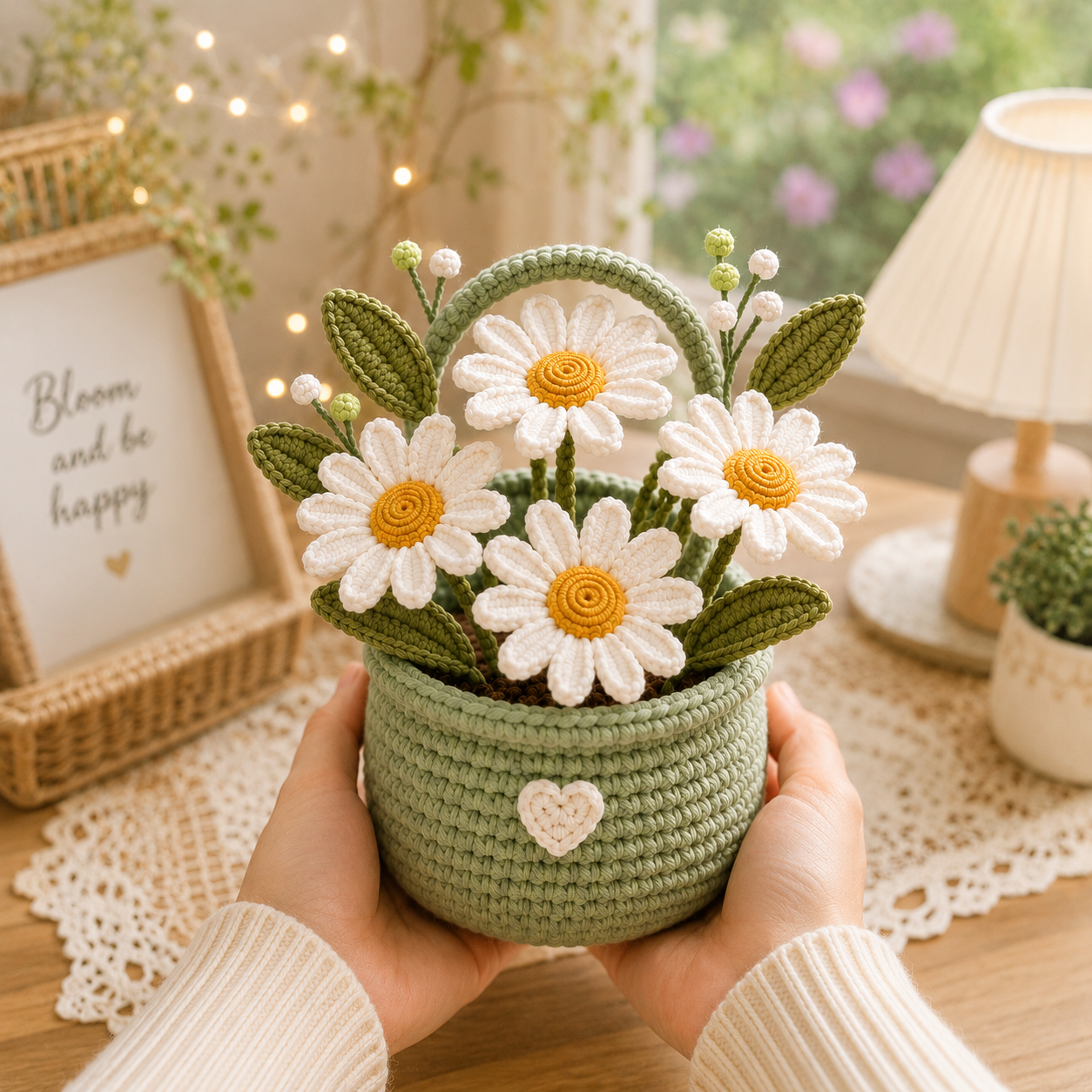 Handmade Crochet Daisy Flower Basket – Amigurumi Floral Basket Decor & Gift
