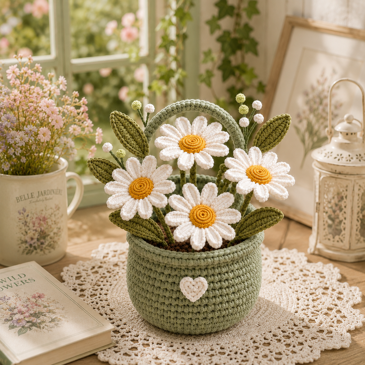 Handmade Crochet Daisy Flower Basket – Amigurumi Floral Basket Decor & Gift