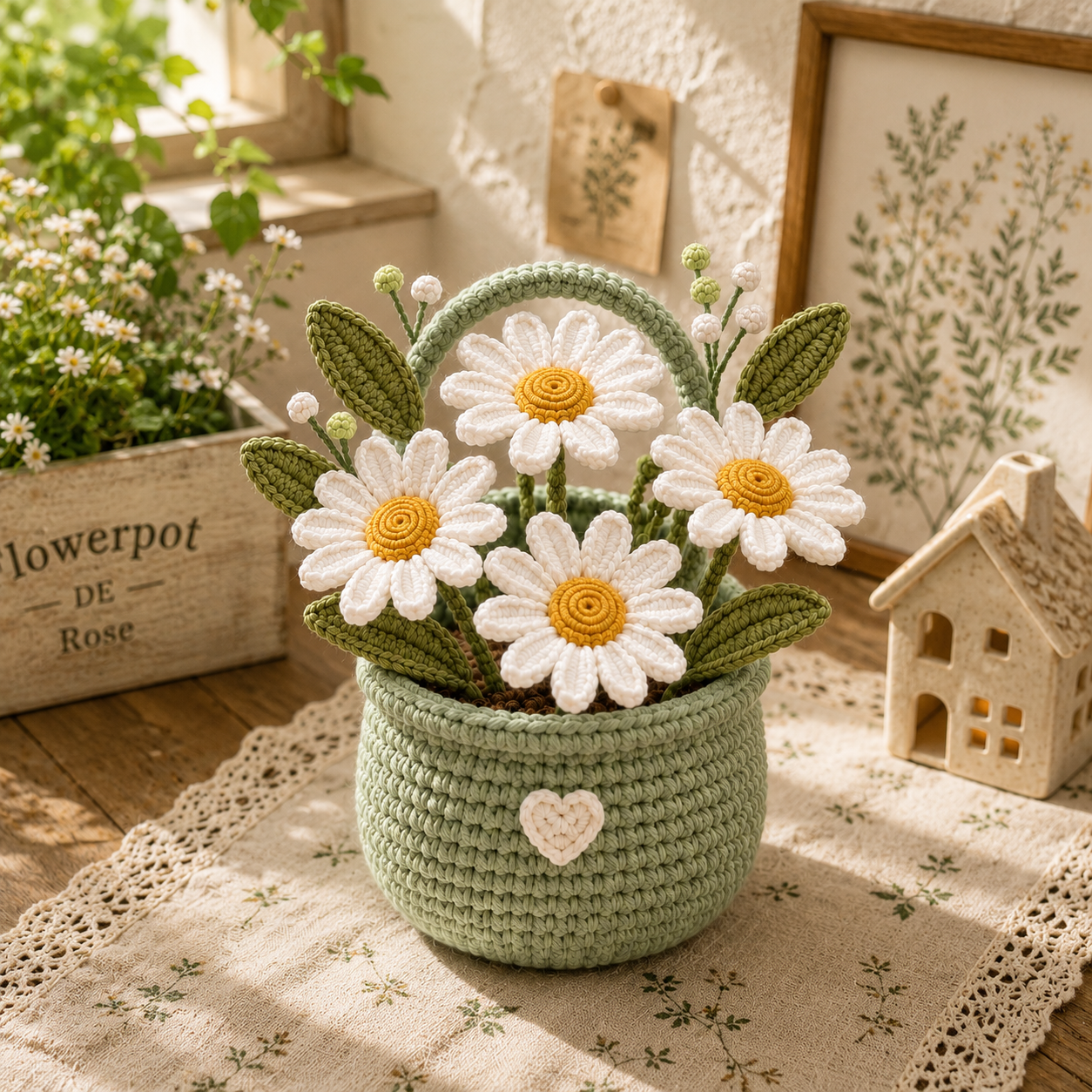 Handmade Crochet Daisy Flower Basket – Amigurumi Floral Basket Decor & Gift