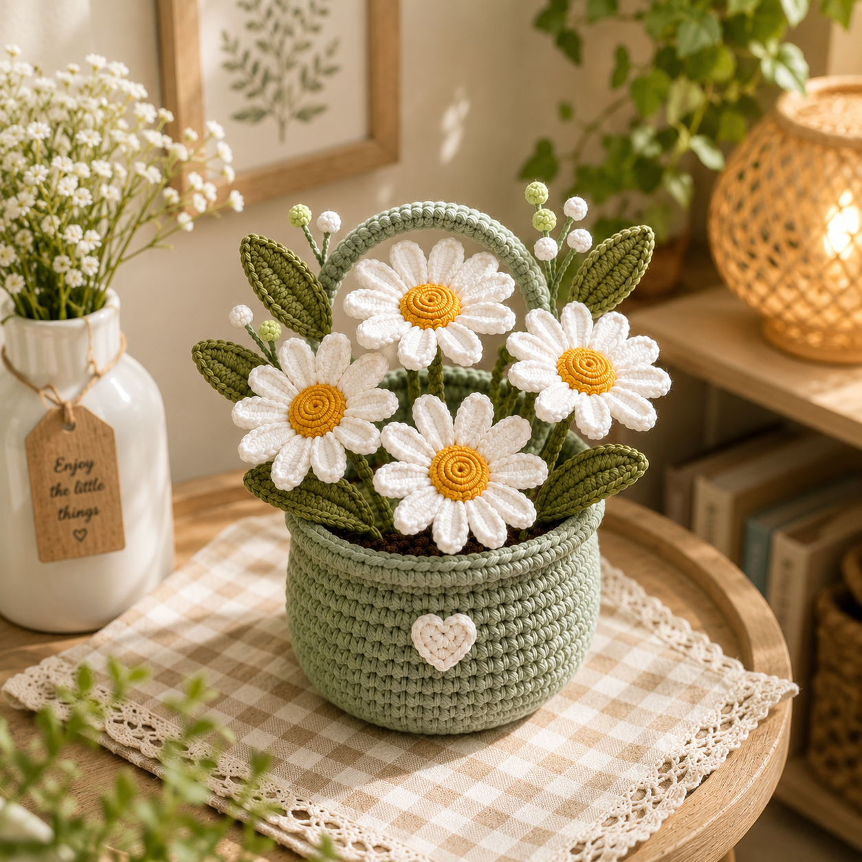 Handmade Crochet Daisy Flower Basket – Amigurumi Floral Basket Decor & Gift