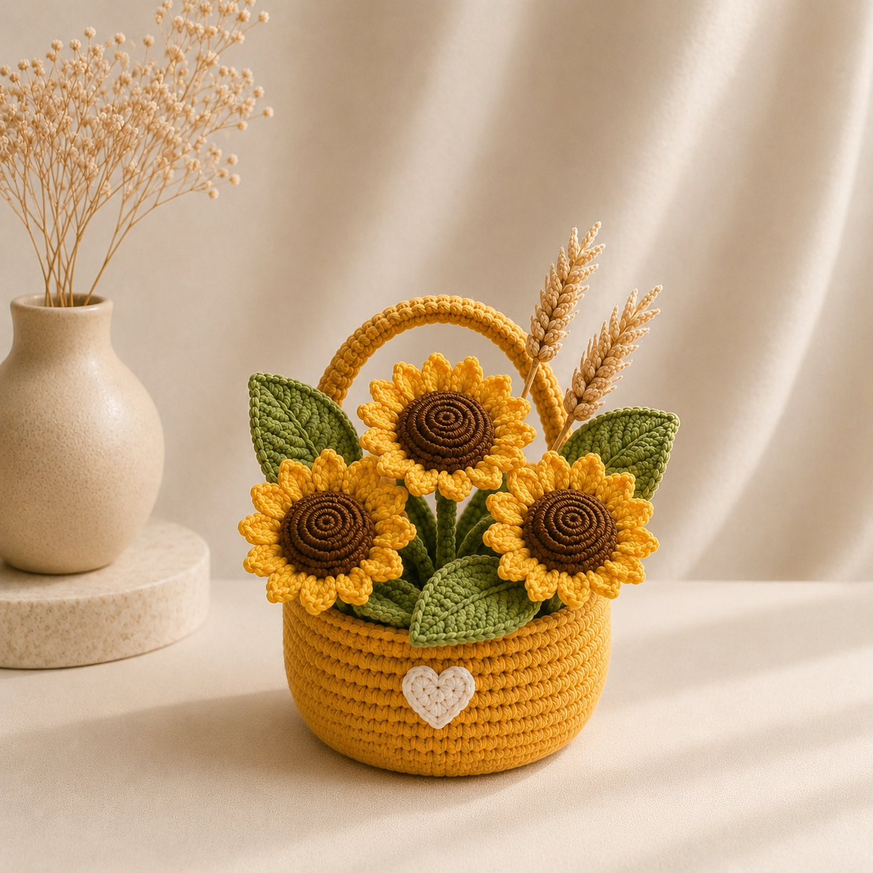 Handmade Crochet Sunflower Flower Basket – Rustic Amigurumi Floral Decor & Gift