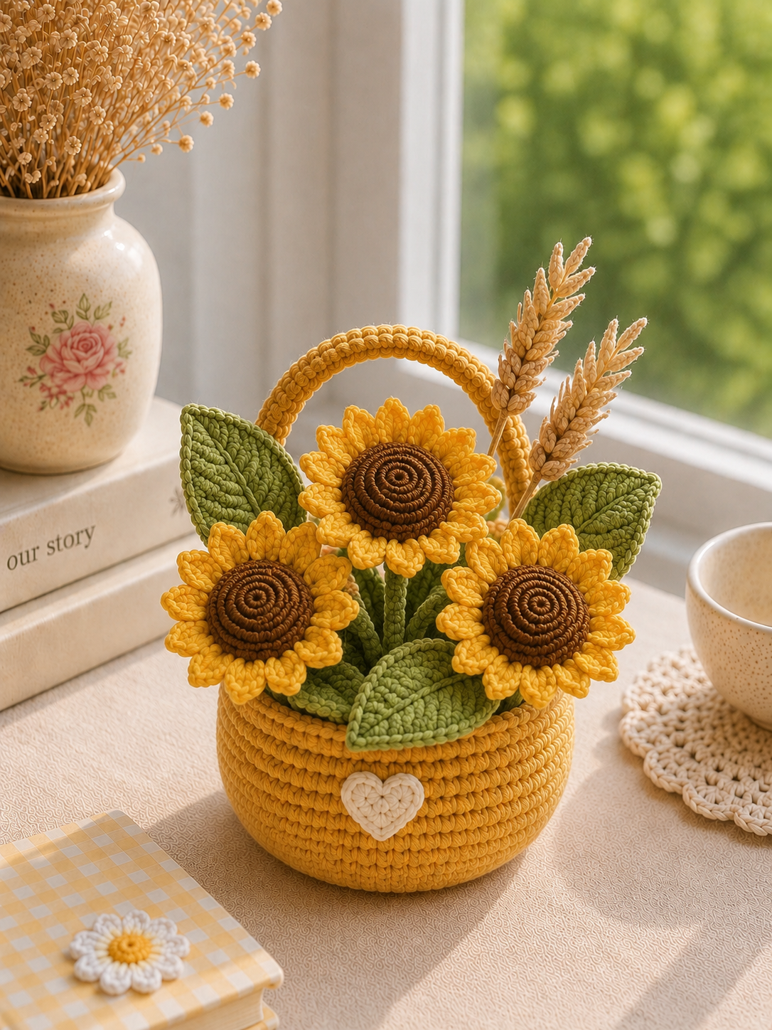 Handmade Crochet Sunflower Flower Basket – Rustic Amigurumi Floral Decor & Gift