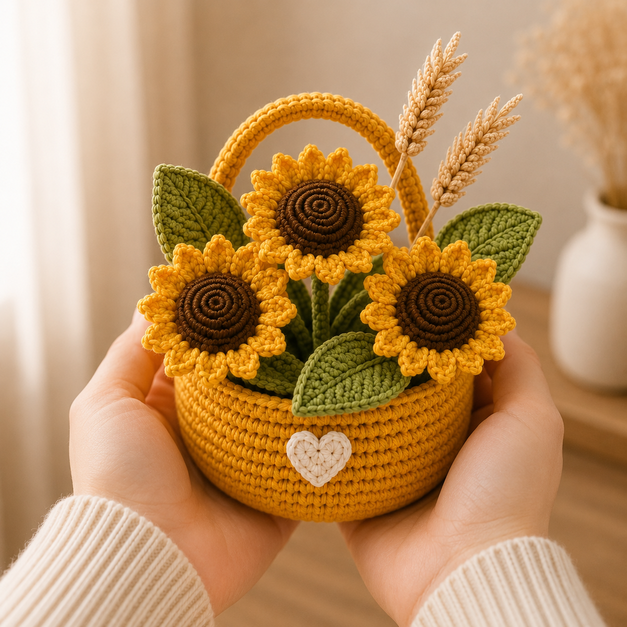 Handmade Crochet Sunflower Flower Basket – Rustic Amigurumi Floral Decor & Gift