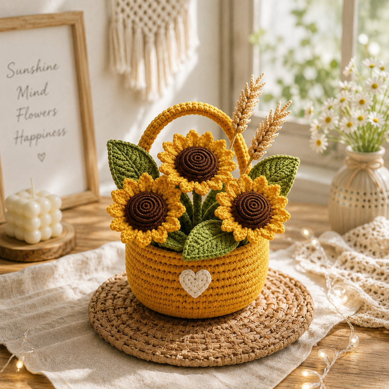 Handmade Crochet Sunflower Flower Basket – Rustic Amigurumi Floral Decor & Gift