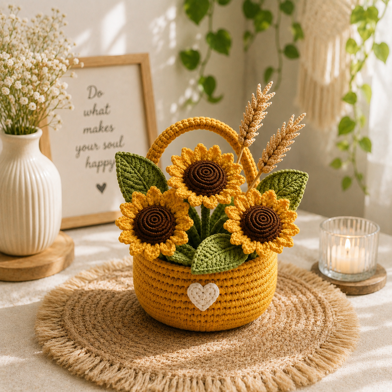 Handmade Crochet Sunflower Flower Basket – Rustic Amigurumi Floral Decor & Gift