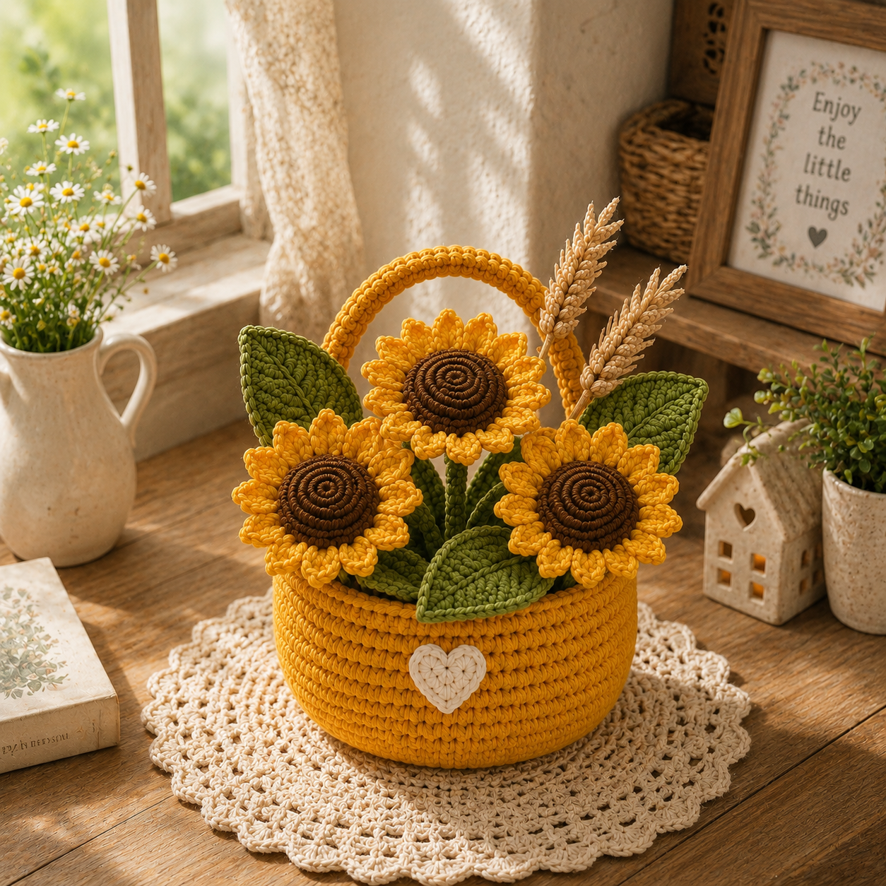 Handmade Crochet Sunflower Flower Basket – Rustic Amigurumi Floral Decor & Gift