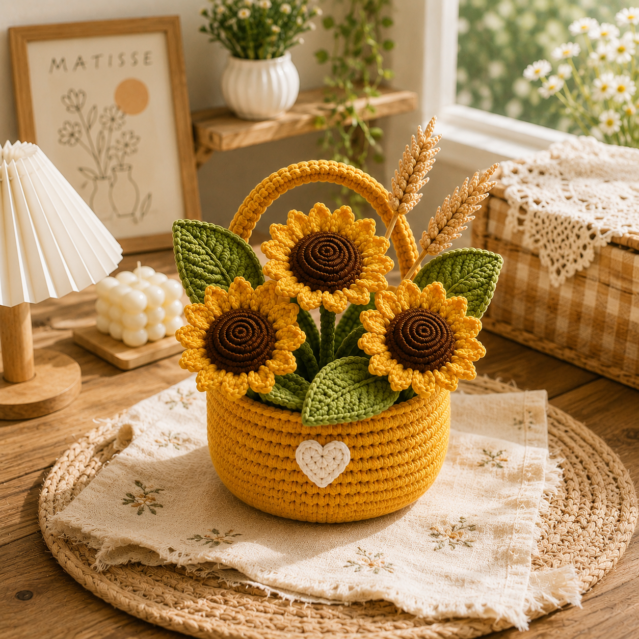 Handmade Crochet Sunflower Flower Basket – Rustic Amigurumi Floral Decor & Gift