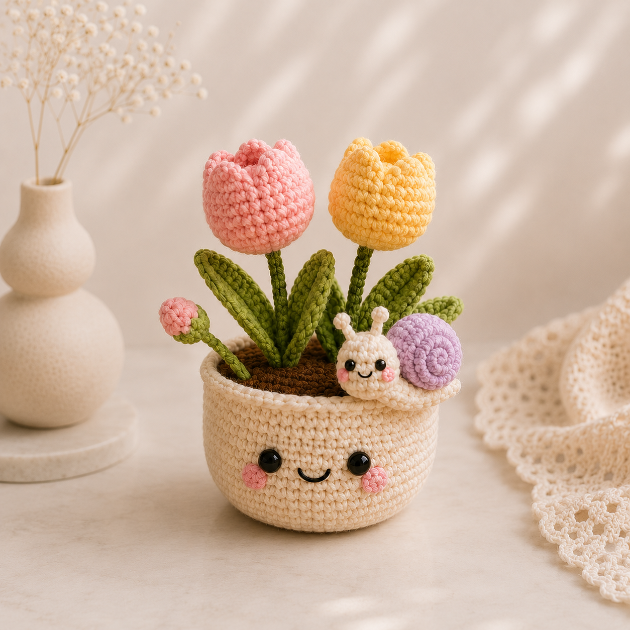 Handmade Crochet Tulip Pot with Cute Snail | Amigurumi Flower Decor