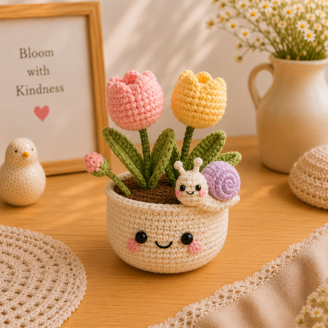 Handmade Crochet Tulip Pot with Cute Snail | Amigurumi Flower Decor