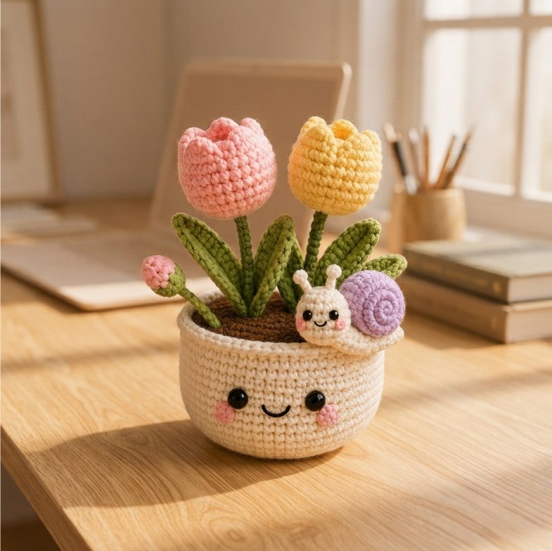 Handmade Crochet Tulip Pot with Cute Snail | Amigurumi Flower Decor