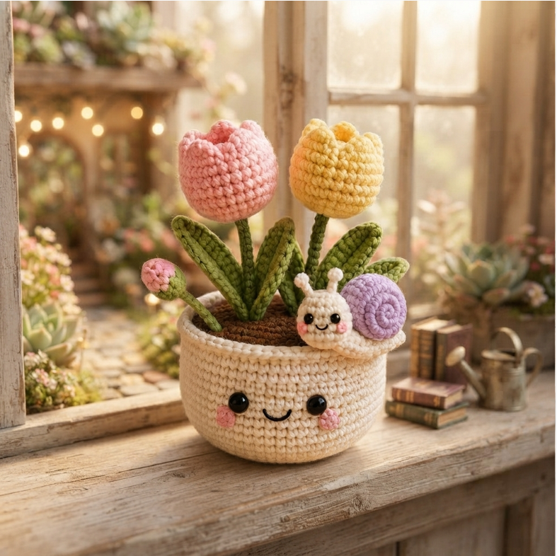 Handmade Crochet Tulip Pot with Cute Snail | Amigurumi Flower Decor