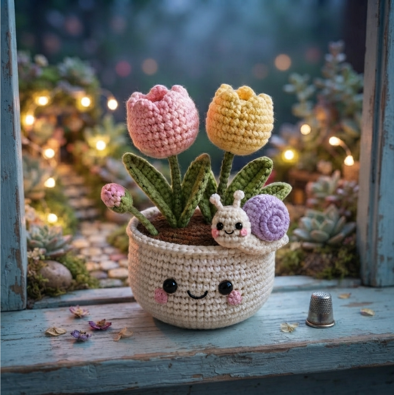 Handmade Crochet Tulip Pot with Cute Snail | Amigurumi Flower Decor