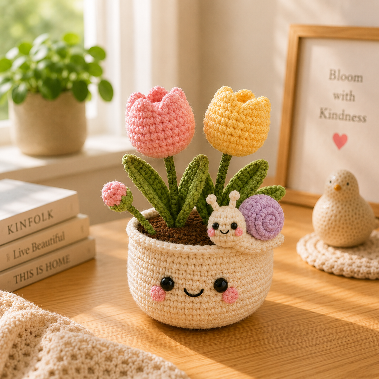 Handmade Crochet Tulip Pot with Cute Snail | Amigurumi Flower Decor