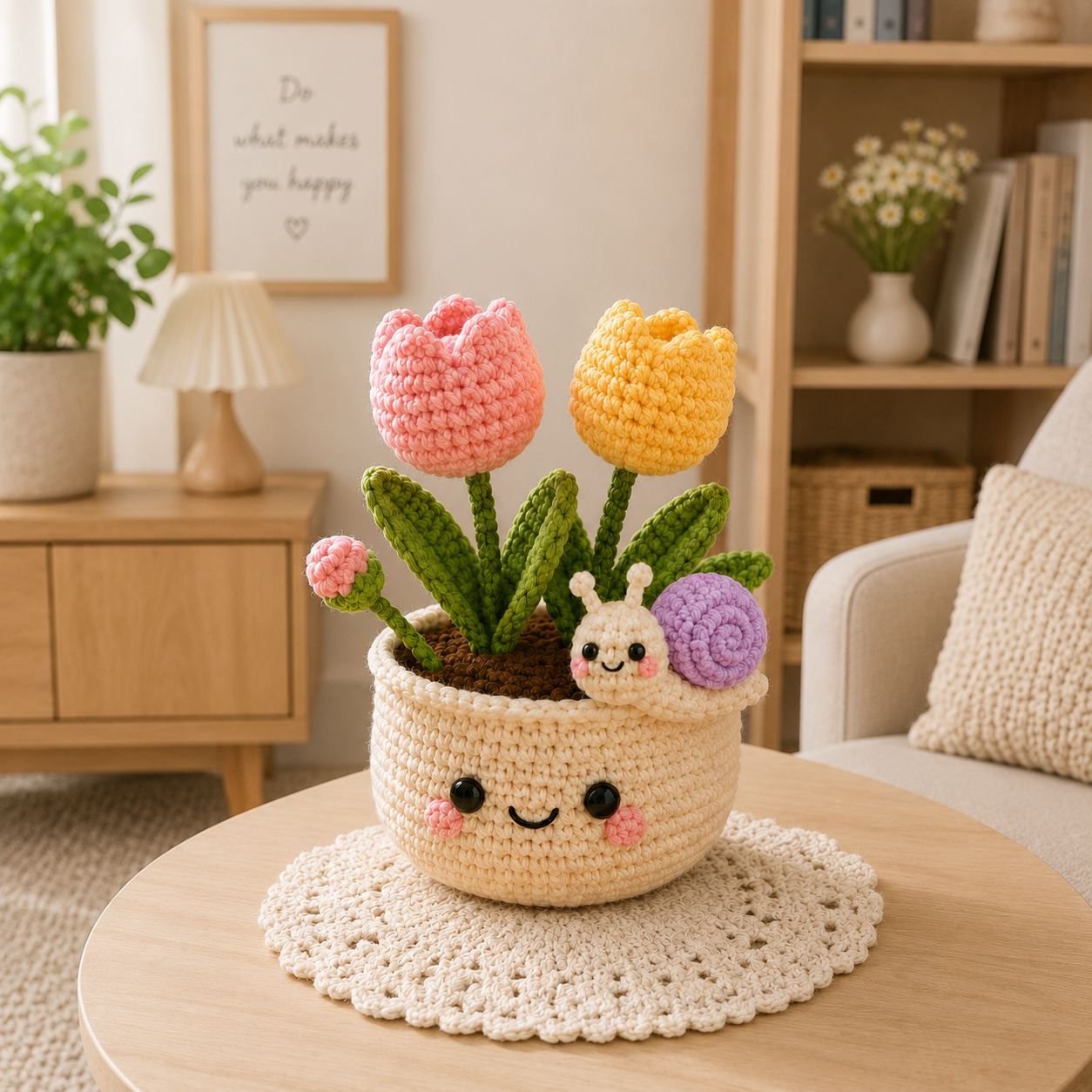 Handmade Crochet Tulip Pot with Cute Snail | Amigurumi Flower Decor