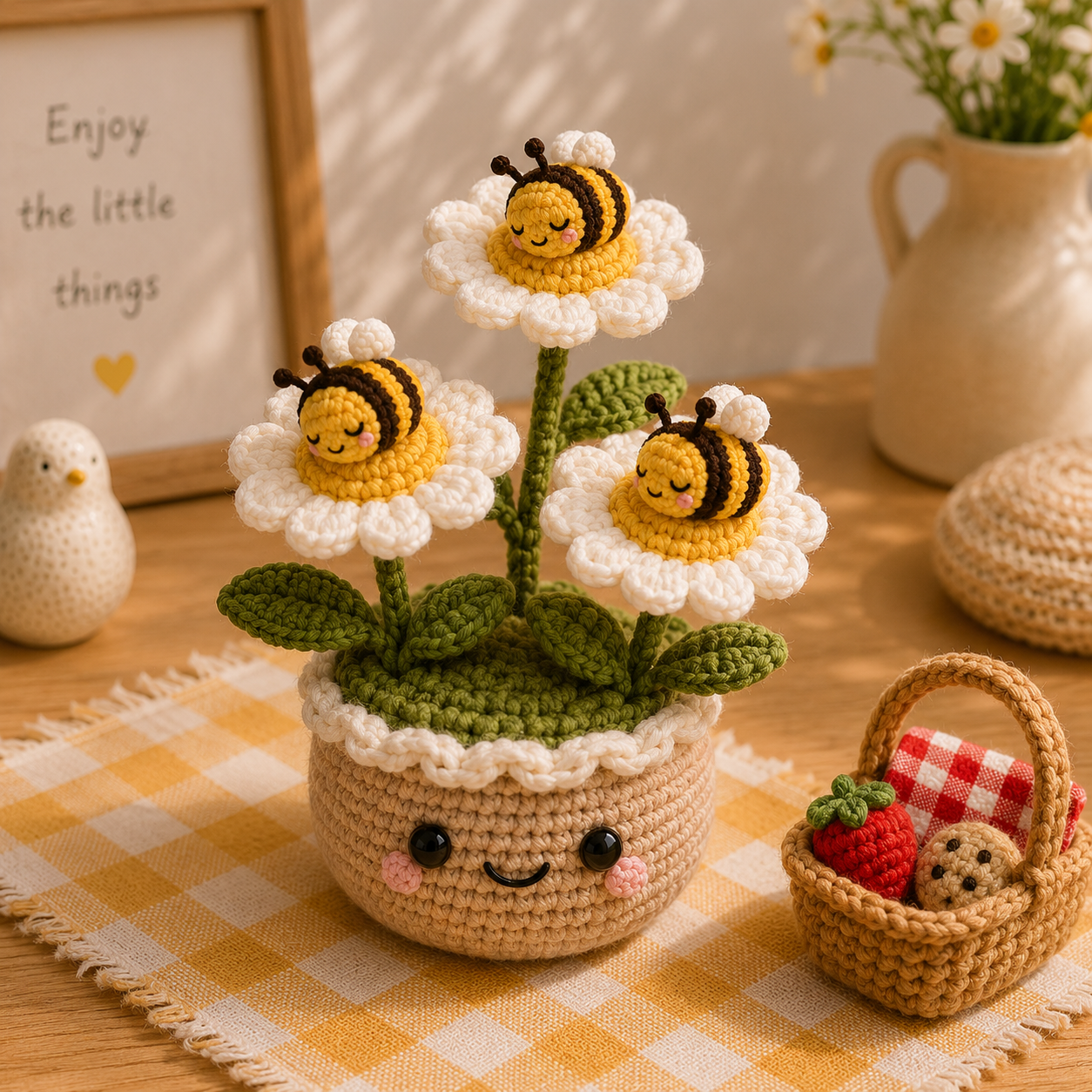 Handmade Crochet Bee Daisy Flower Pot | Cute Amigurumi Bee Decor