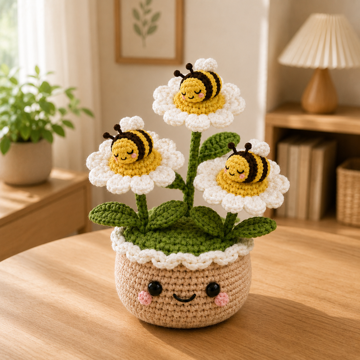 Handmade Crochet Bee Daisy Flower Pot | Cute Amigurumi Bee Decor
