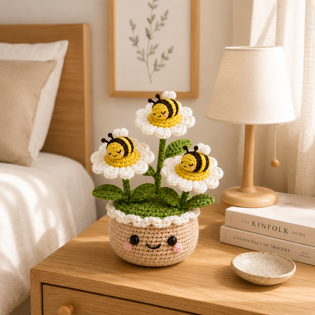 Handmade Crochet Bee Daisy Flower Pot | Cute Amigurumi Bee Decor