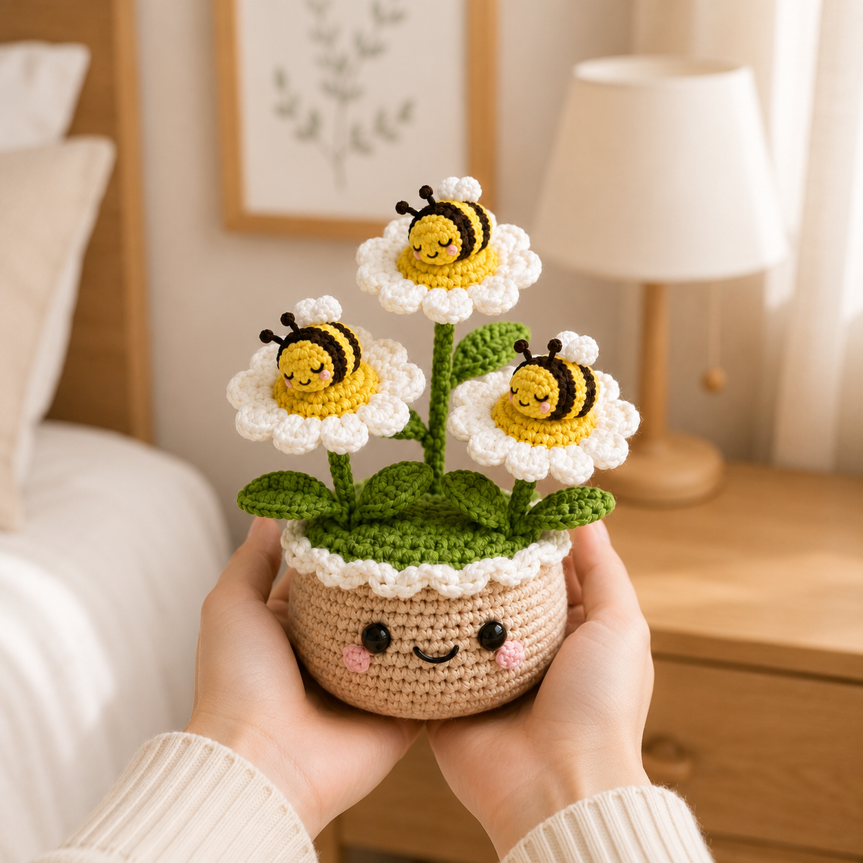 Handmade Crochet Bee Daisy Flower Pot | Cute Amigurumi Bee Decor