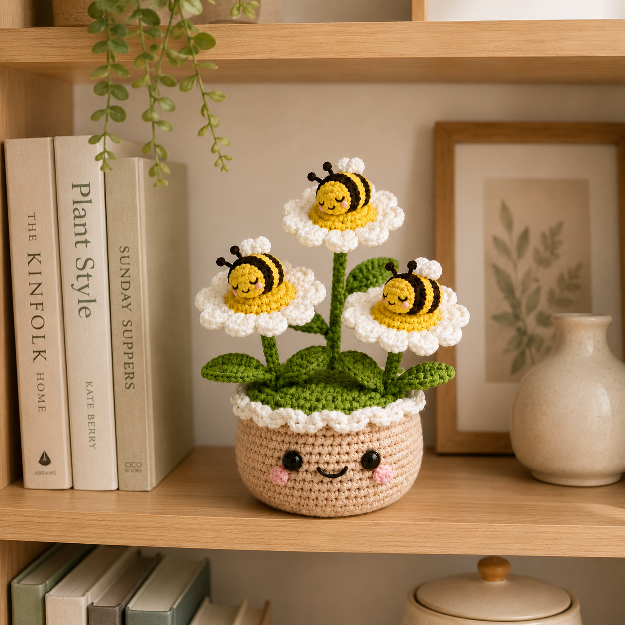Handmade Crochet Bee Daisy Flower Pot | Cute Amigurumi Bee Decor