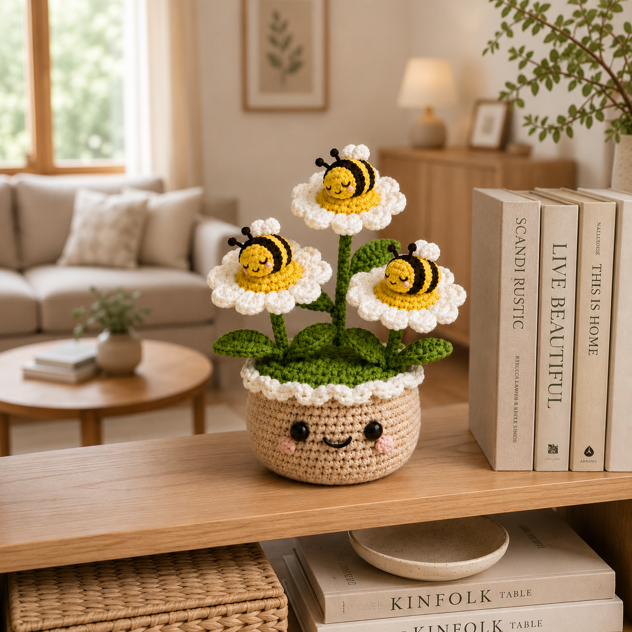 Handmade Crochet Bee Daisy Flower Pot | Cute Amigurumi Bee Decor
