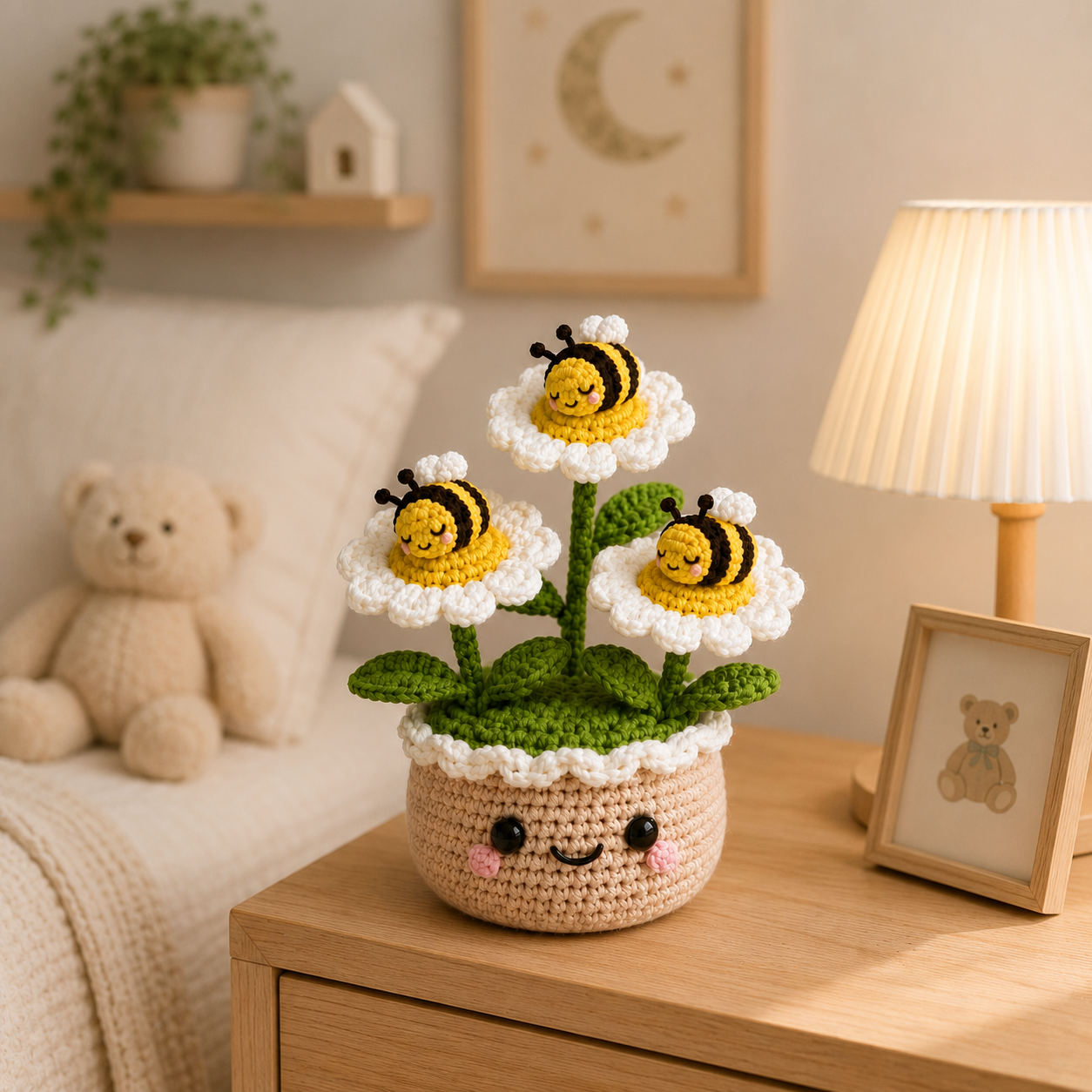 Handmade Crochet Bee Daisy Flower Pot | Cute Amigurumi Bee Decor