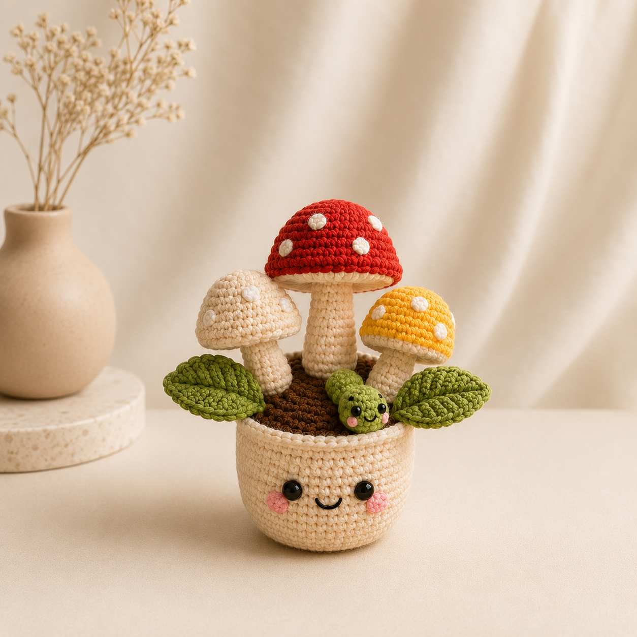 Handmade Crochet Mushroom Pot with Cute Caterpillar | Amigurumi Mushroom Decor