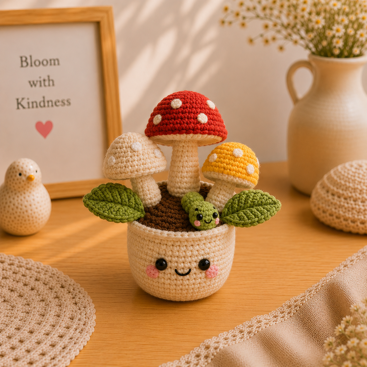 Handmade Crochet Mushroom Pot with Cute Caterpillar | Amigurumi Mushroom Decor