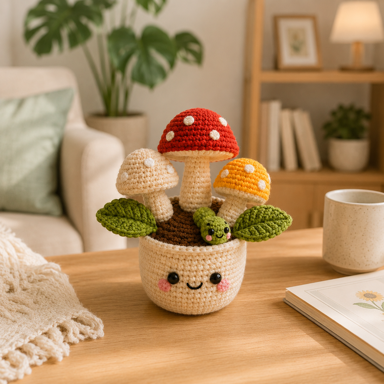 Handmade Crochet Mushroom Pot with Cute Caterpillar | Amigurumi Mushroom Decor