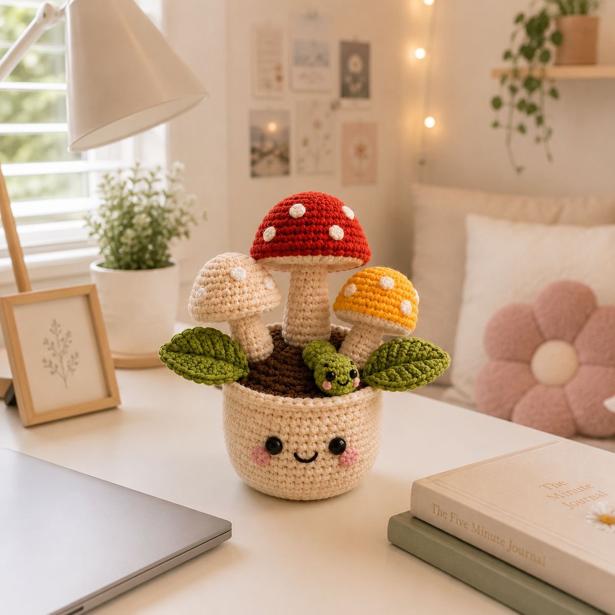 Handmade Crochet Mushroom Pot with Cute Caterpillar | Amigurumi Mushroom Decor