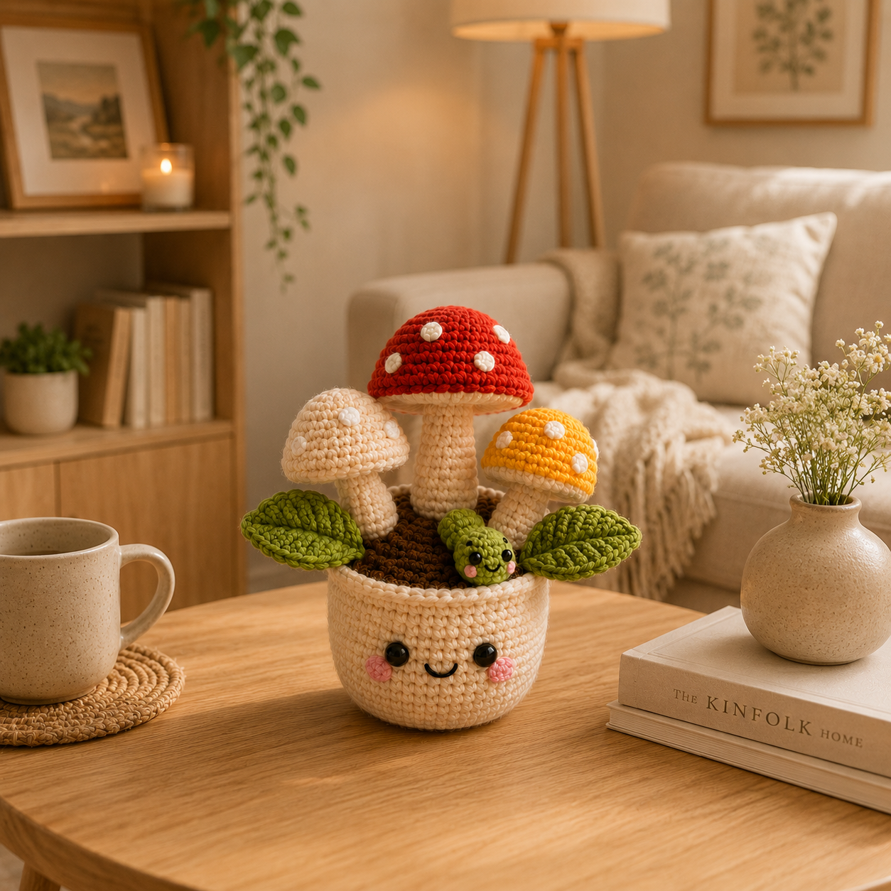 Handmade Crochet Mushroom Pot with Cute Caterpillar | Amigurumi Mushroom Decor