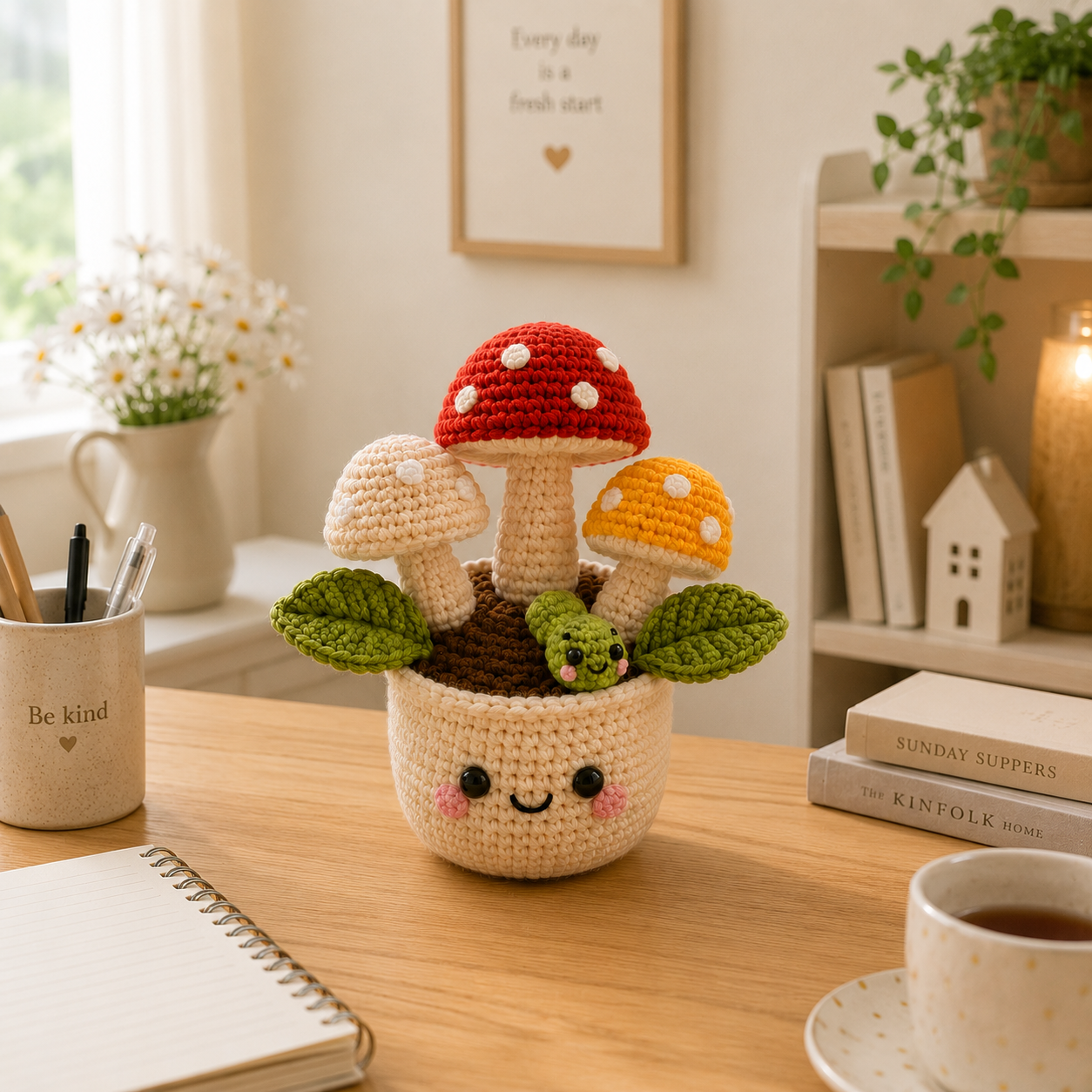 Handmade Crochet Mushroom Pot with Cute Caterpillar | Amigurumi Mushroom Decor