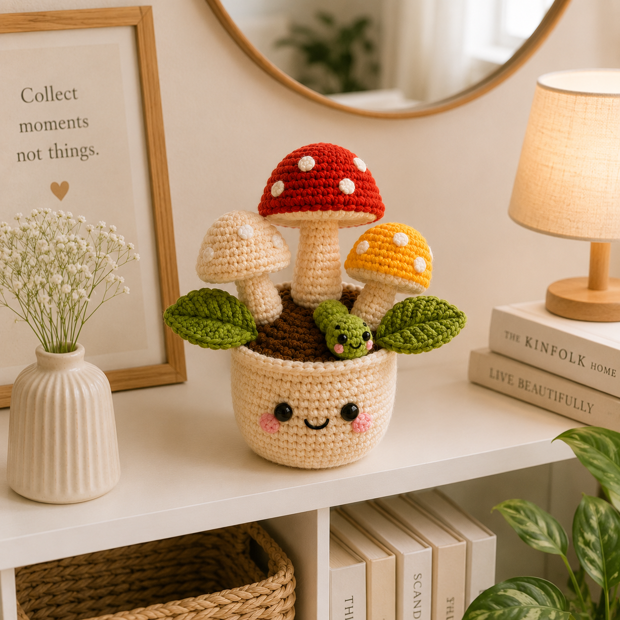 Handmade Crochet Mushroom Pot with Cute Caterpillar | Amigurumi Mushroom Decor