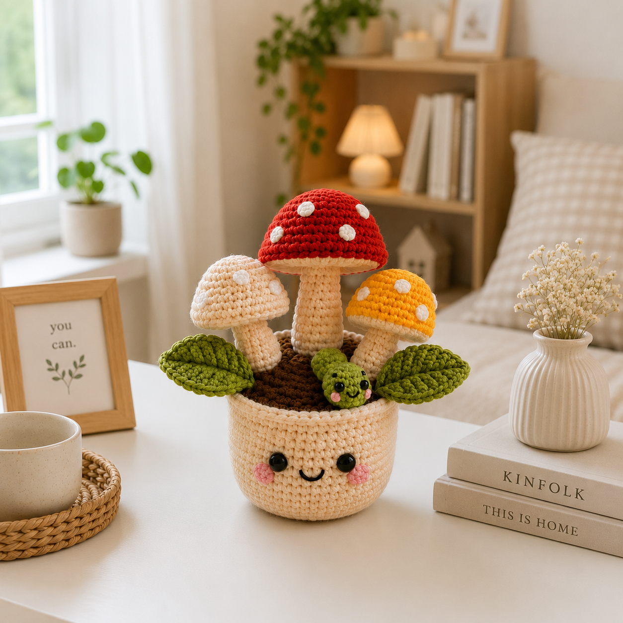 Handmade Crochet Mushroom Pot with Cute Caterpillar | Amigurumi Mushroom Decor