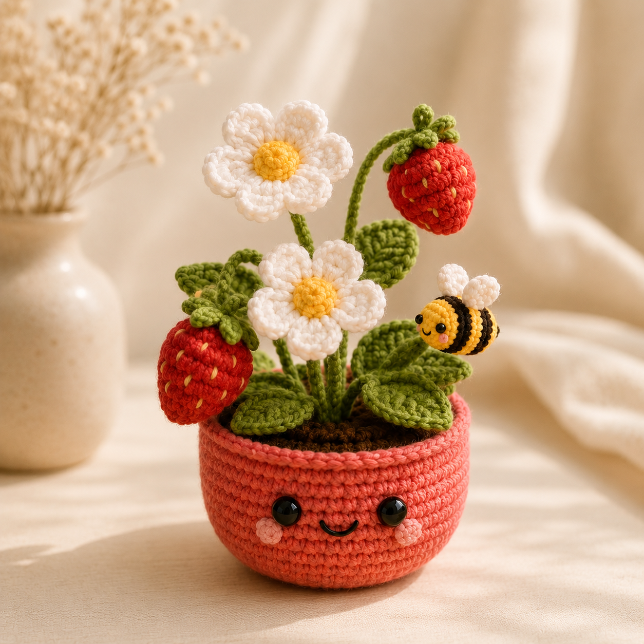 Handmade Crochet Strawberry Daisy Pot | Cute Bee Amigurumi Decor