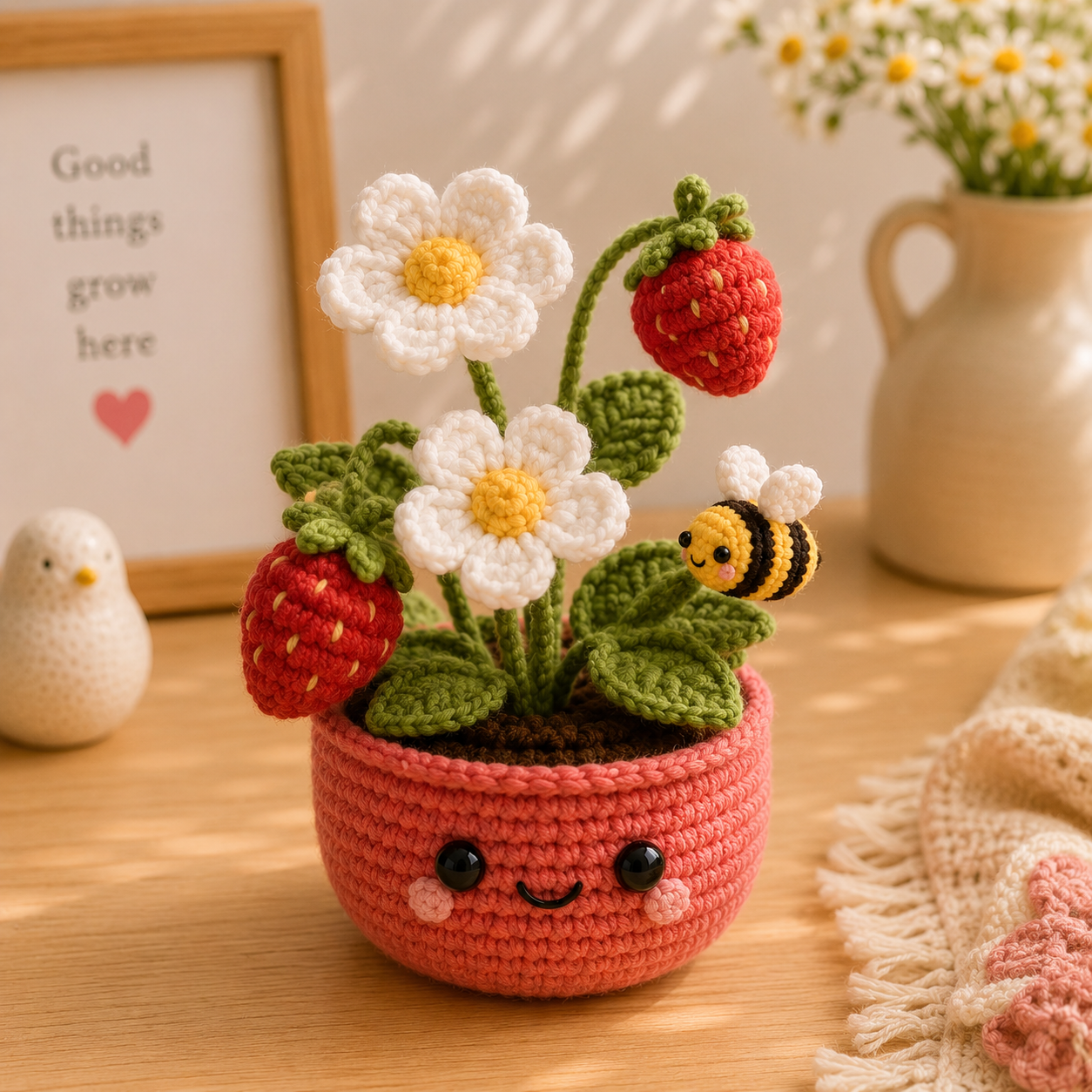 Handmade Crochet Strawberry Daisy Pot | Cute Bee Amigurumi Decor