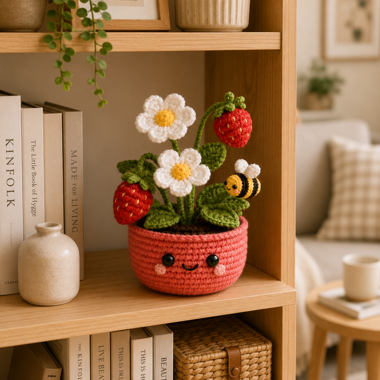 Handmade Crochet Strawberry Daisy Pot | Cute Bee Amigurumi Decor