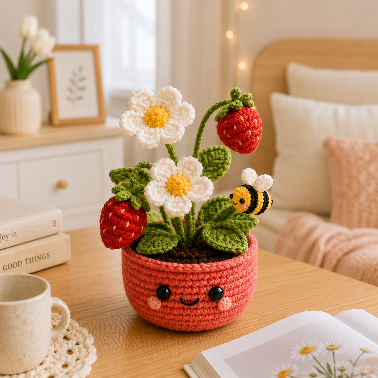 Handmade Crochet Strawberry Daisy Pot | Cute Bee Amigurumi Decor