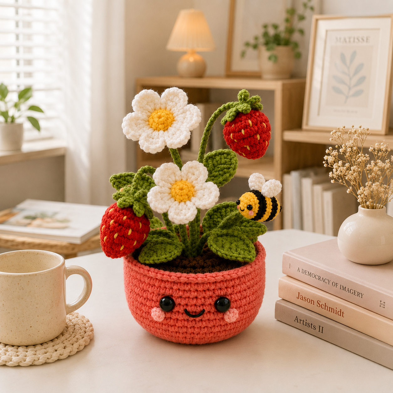 Handmade Crochet Strawberry Daisy Pot | Cute Bee Amigurumi Decor