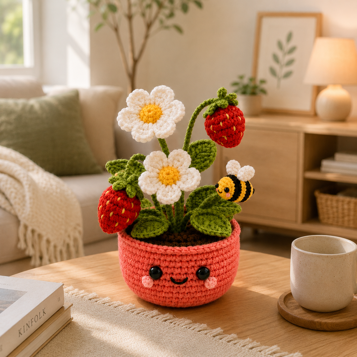 Handmade Crochet Strawberry Daisy Pot | Cute Bee Amigurumi Decor