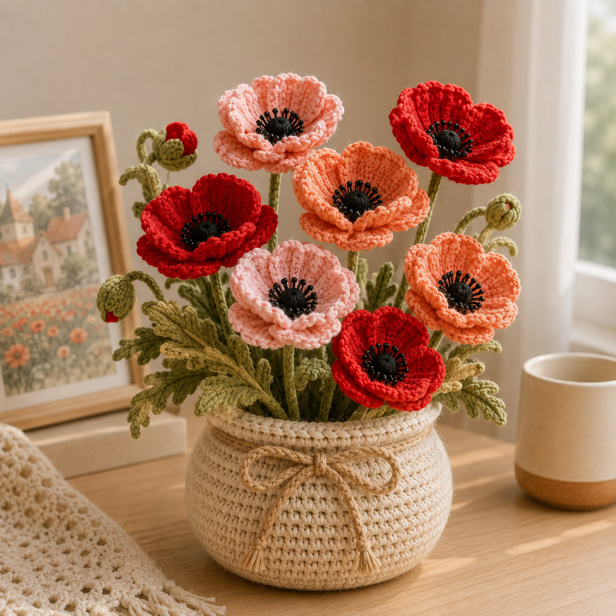 Handmade Crochet Poppy Flower Bouquet | Forever Floral Arrangement | Elegant Home Decor