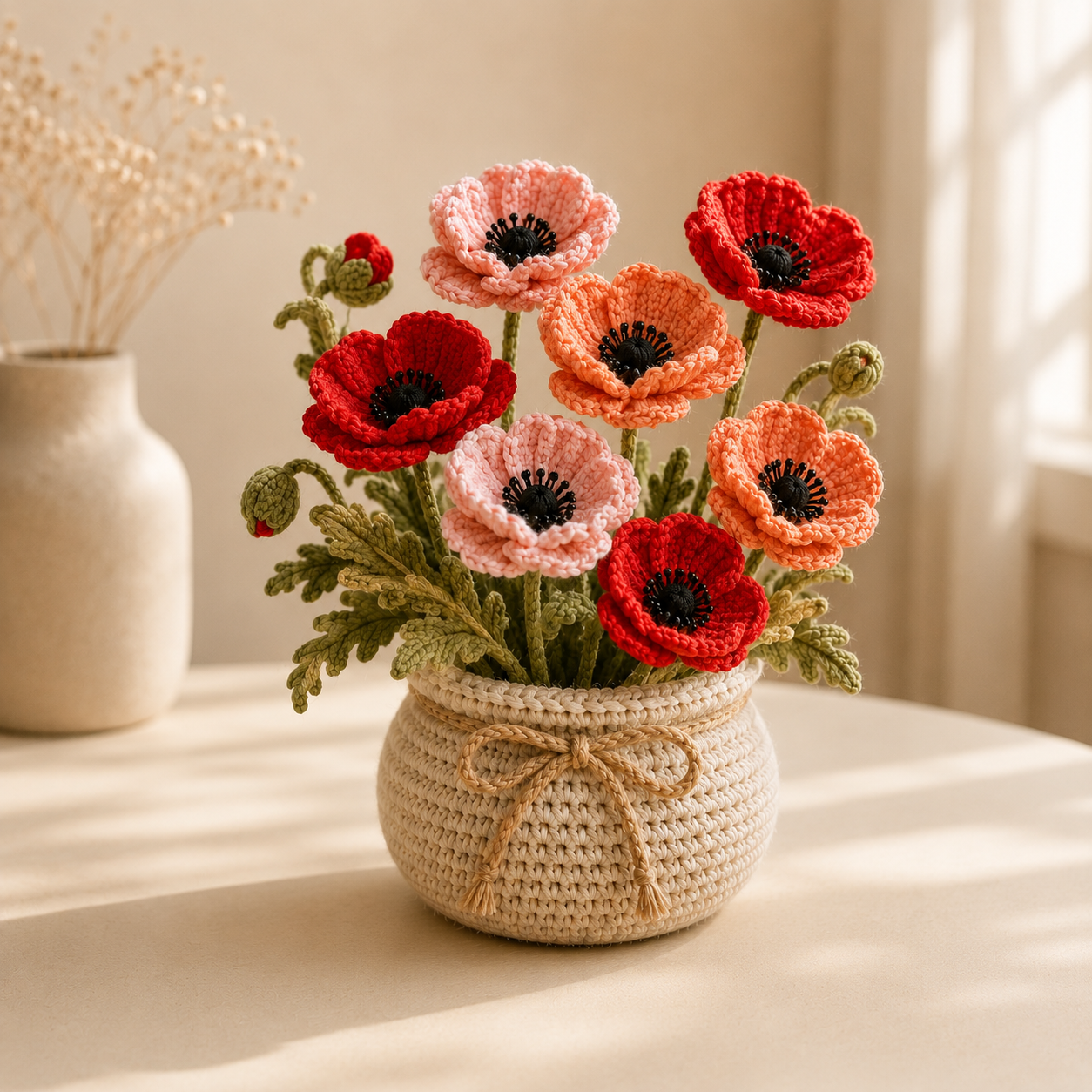 Handmade Crochet Poppy Flower Bouquet | Forever Floral Arrangement | Elegant Home Decor