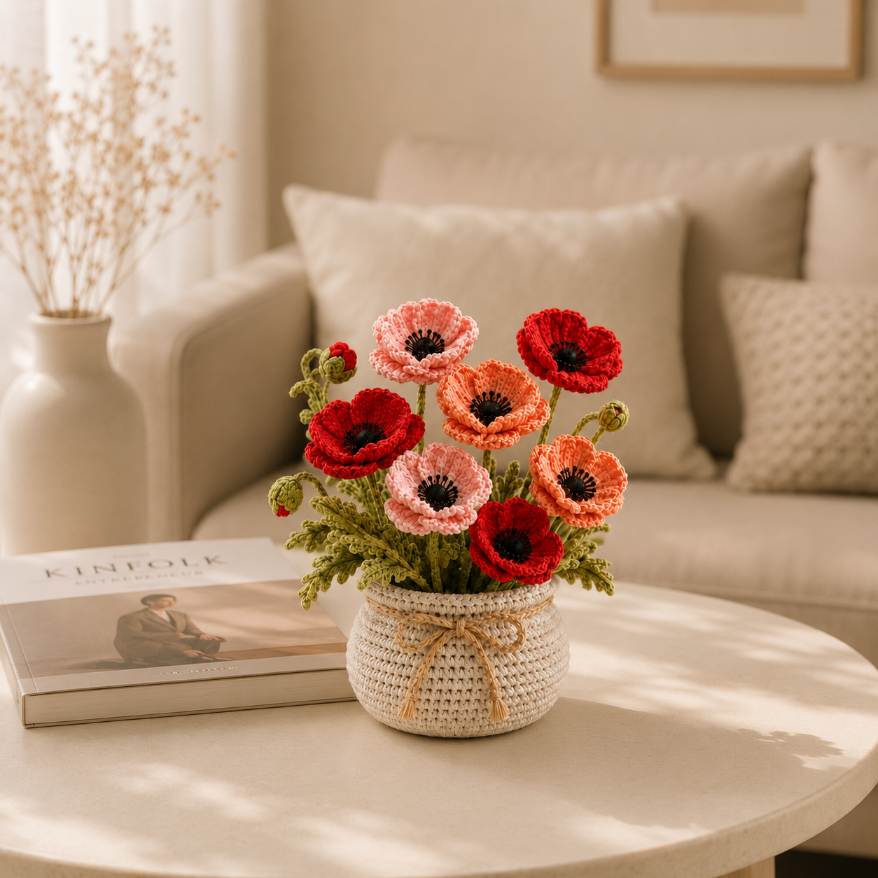 Handmade Crochet Poppy Flower Bouquet | Forever Floral Arrangement | Elegant Home Decor