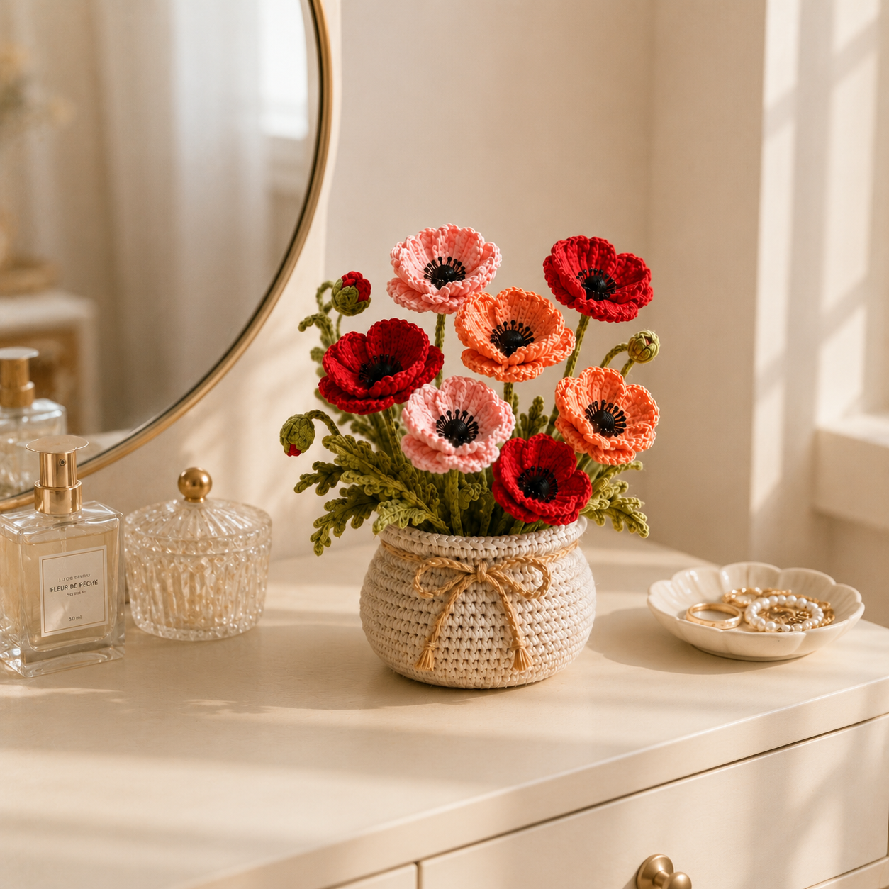 Handmade Crochet Poppy Flower Bouquet | Forever Floral Arrangement | Elegant Home Decor