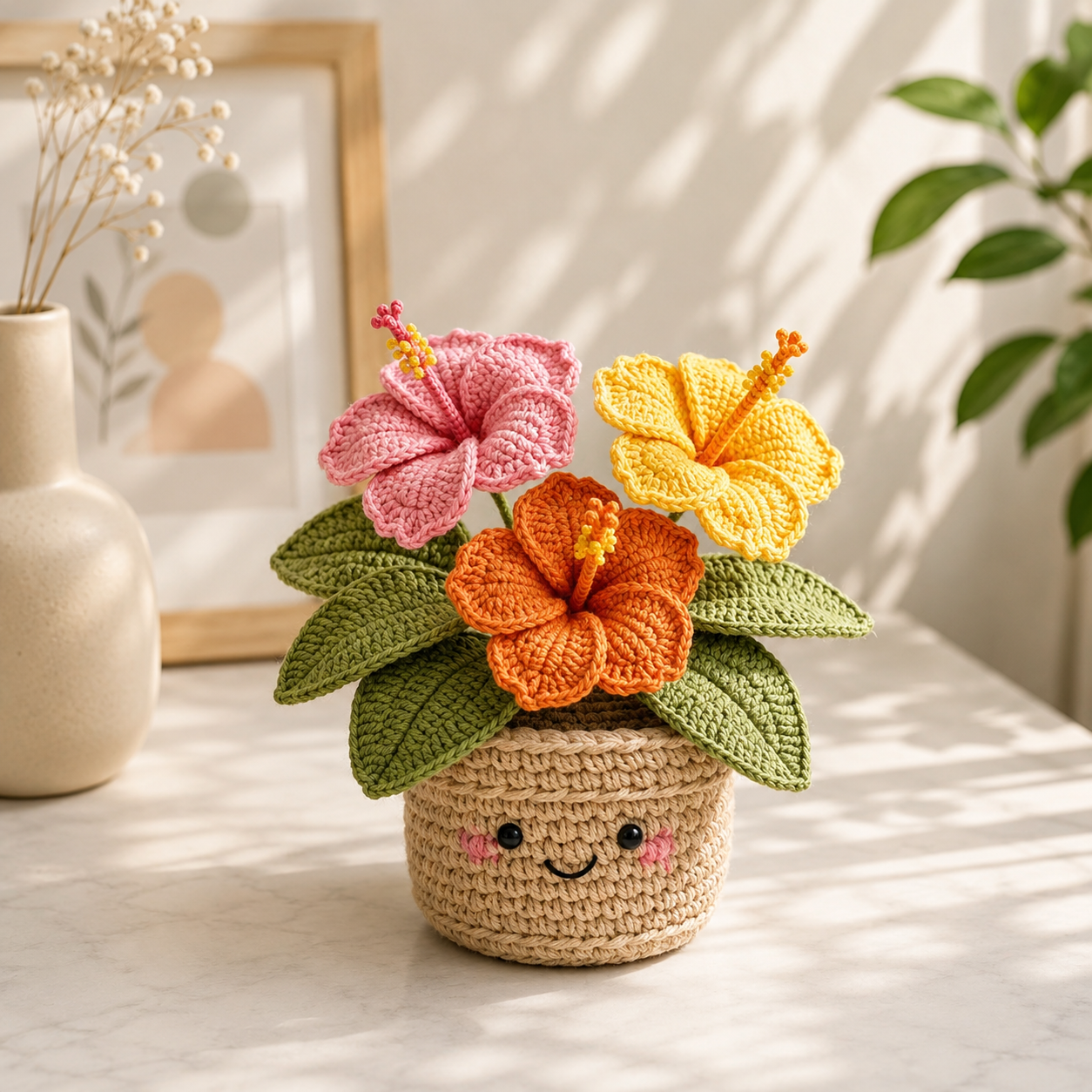 Handmade Crochet Protea & Daisy Flower Pot – Happy Desk Decor