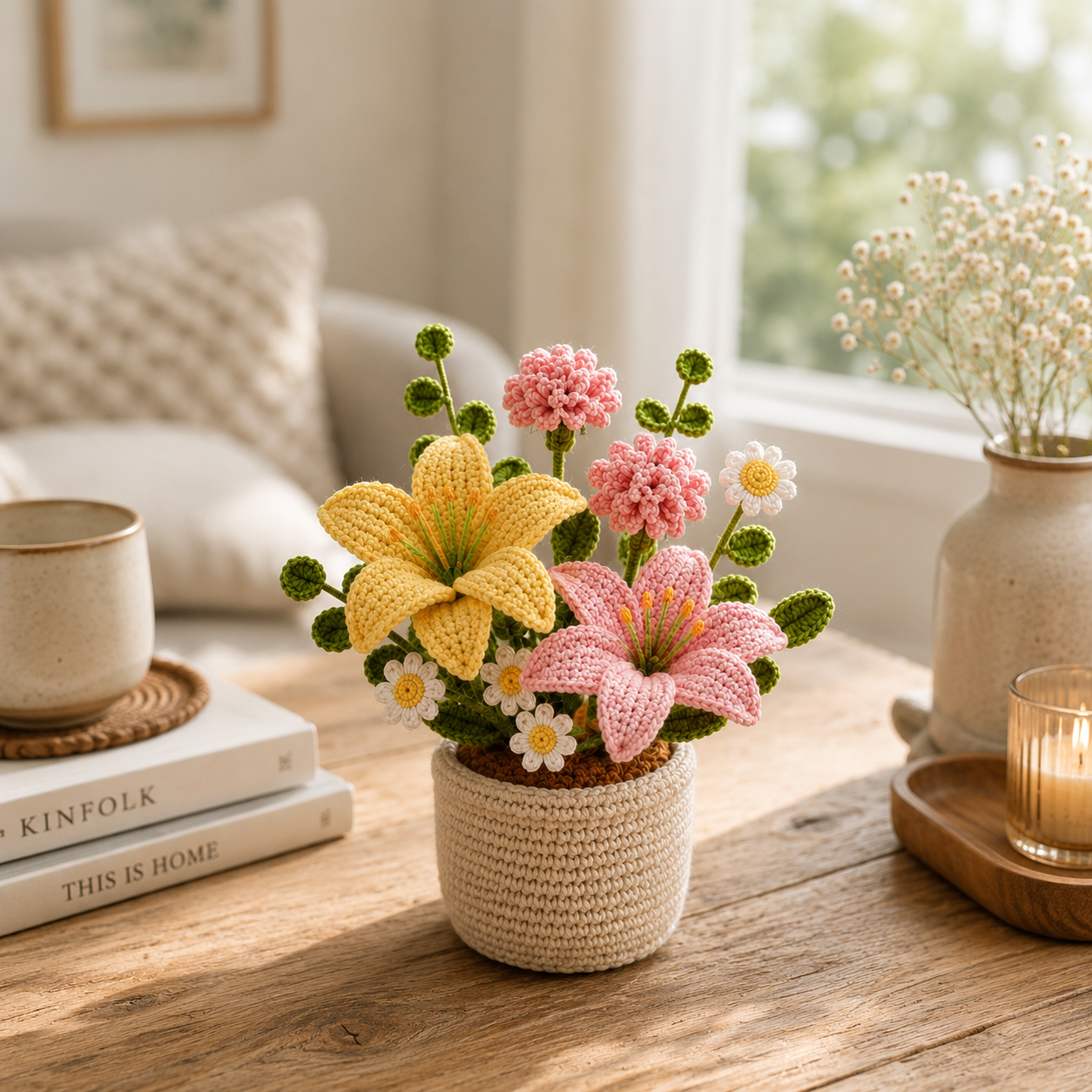 Handmade Crochet Flower Pot Arrangement | Crochet Tulips, Lily & Carnations