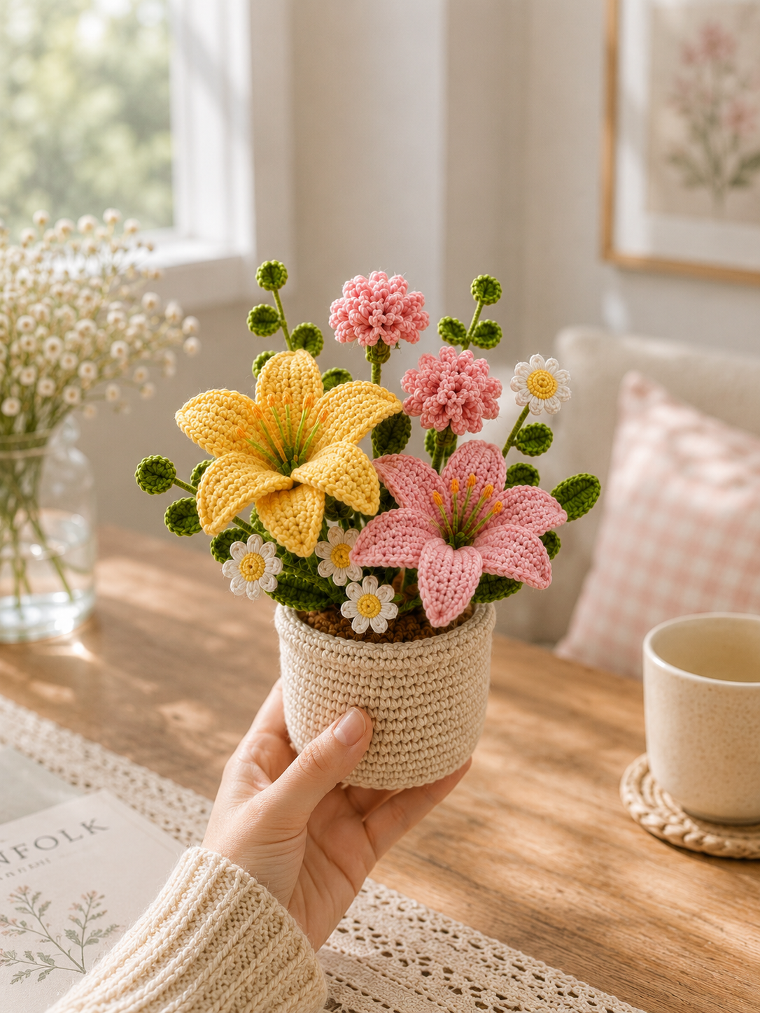 Handmade Crochet Flower Pot Arrangement | Crochet Tulips, Lily & Carnations