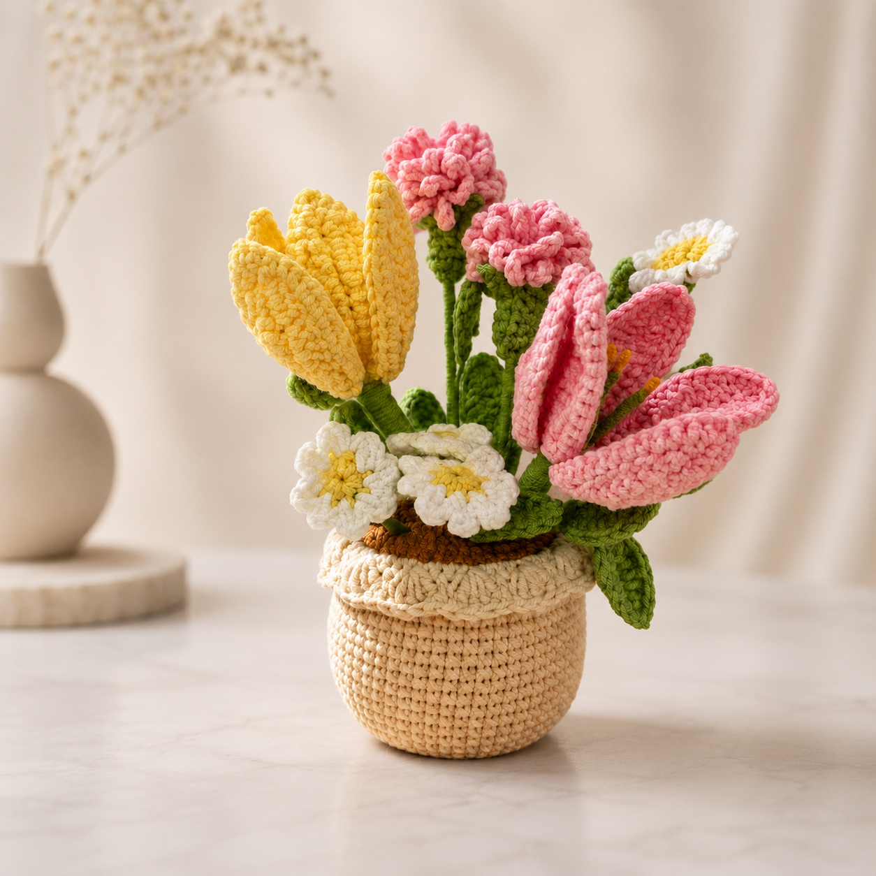Handmade Crochet Flower Pot Arrangement | Crochet Tulips, Lily & Carnations