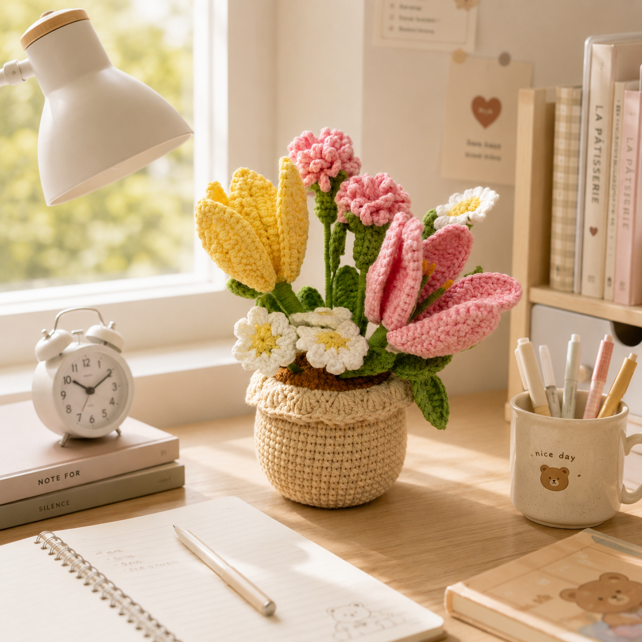 Handmade Crochet Flower Pot Arrangement | Crochet Tulips, Lily & Carnations